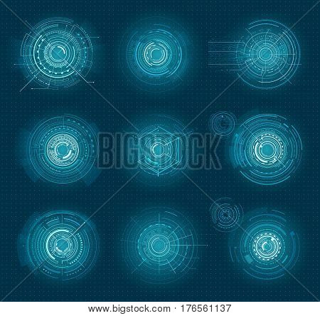 Set of blue infographic elements interface virtual isolated on blue with points. Head-up display elements for the web and app. Vector illustration of futuristic user interface in cartoon style.