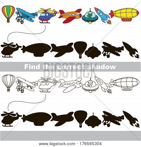 Flying transport set with shadows to find the correct one. Compare and connect objects and their true shadows. Easy educational kid gaming. Simple level of difficulty. Logic game for children.