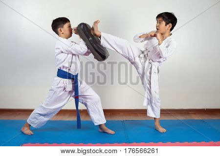Two boys demonstrate martial arts working together. Fighting position active lifestyle practicing fighting techniques