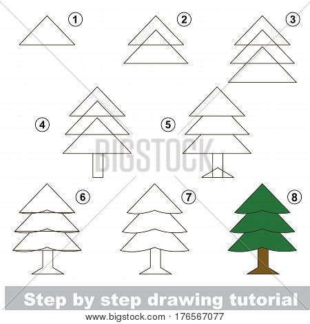 Vector kid educational game to develop drawing skill with easy game level preschool kids education. Funny drawing school. Drawing tutorial for Evergreen Tree.