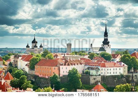 Old Tallinn. Estonia. View to Orthodox church Alexander Nevsky from Oleviste church in summer