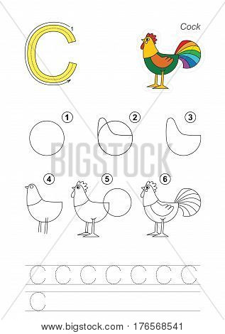 Vector illustrated alphabet with kid educational games to learn handwriting, with easy game level for preschool children. Drawing tutorial for letter C. The cock.