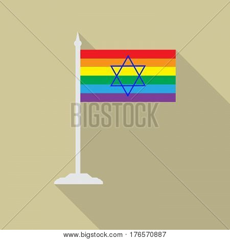 Israeli gay pride flag blue star of David with flagpole flat icon with long shadowt. LGBT community flag.