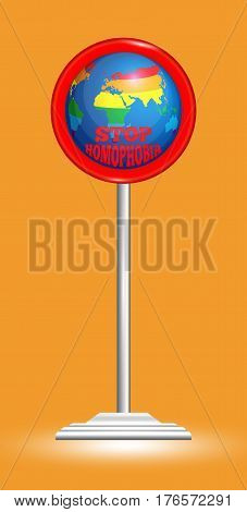 Sign stop homophobia on a color background. Isolated symbol LGBT. Symbol gay and lesbian equality pride. Vector illustration for web-design and design banner, flyer, poster. Rainbow map globe