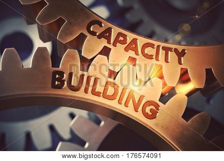 Capacity Building - Industrial Illustration with Glow Effect and Lens Flare. Capacity Buildingon the Golden Metallic Cog Gears. 3D Rendering.