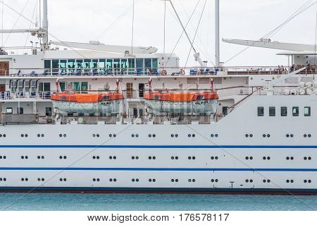 A five masted sailing ship docked in Bridgetown Barbados