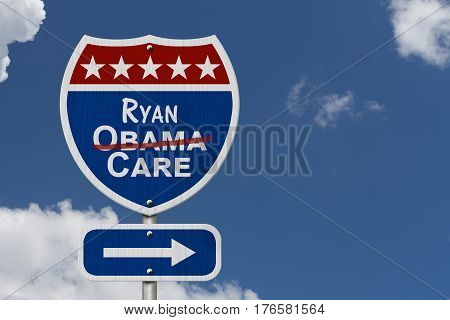 Repealing and replacing Obama Care healthcare insurance Red white and blue interstate highway road sign with words Ryan Care with sky background 3D Illustration
