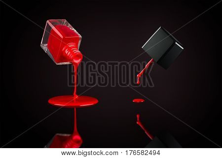 Red nail polish pouring out from the bottle and dripping from cap brush on a reflective surface