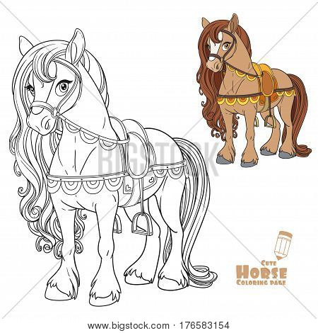 Cute Horse Harnessed To A Saddle Color And Outlined Picture For Coloring Book On White Background