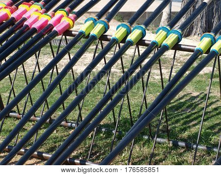 Racks that support the long rowing orrs for the rowing teams practice session form a contrasting pattern of lines.