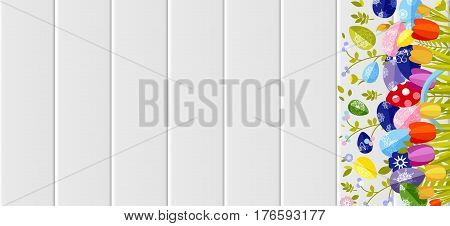 Stock vector illustration Happy Easter background colored eggs, spring decoration, leave, tulip flower design element in flat style for printed material, postcard, greeting, festive card banner, flyer