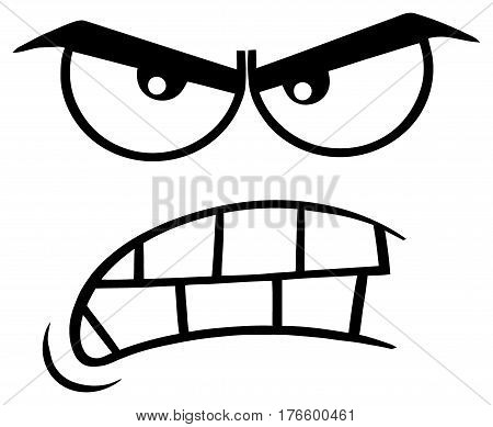 Black And White Aggressive Cartoon Funny Face With Angry Expression. Illustration Isolated On White Background