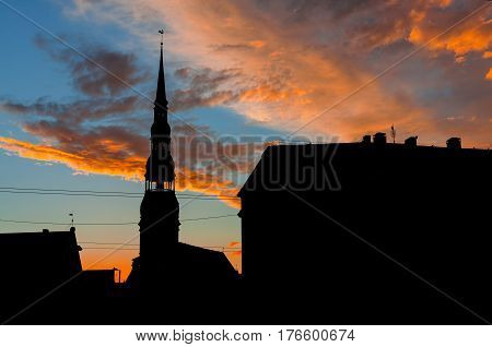 Silhouettes of old Riga. Architecture of old Riga early in the morning. Riga is the capital and the largest city of Latvia