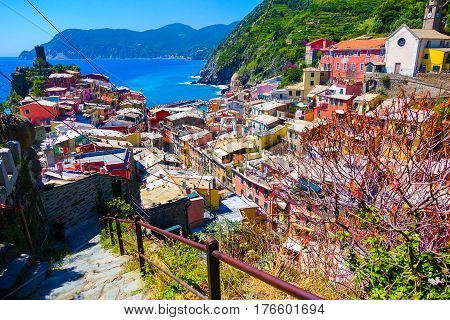 Vernazza village with beautiful sea and clear sky background in Cinque Terre, Italy
