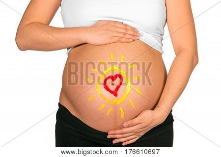 Sun And Heart Painted On Belly Of Pregnant Woman