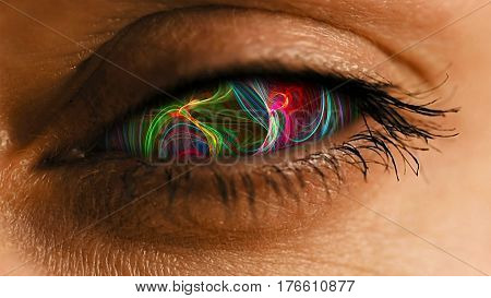 Eye iris with abstract neural network pattern. Futuristic neural dust biotechnology and cyborg concept.