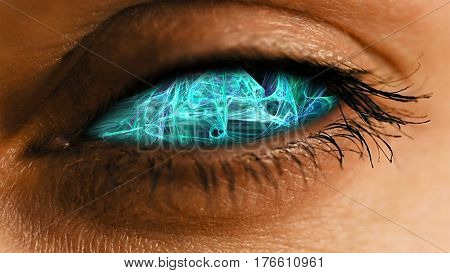 Eye iris with abstract neural network pattern. Futuristic neural dust biotechnology and cyborg concept.