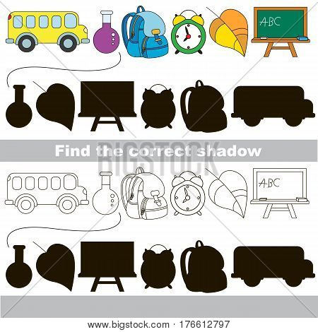School objects set with shadows to find the correct one. Compare and connect objects and their true shadows.