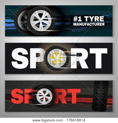 Vector tyre banners set image. Modern idea for landscape digital banner, flyer, poster and leaflet design. Editable graphic layout with copyspace in grey, blue, red, white and black colors.