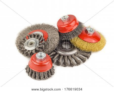 Set circular wire brush on workbench close up