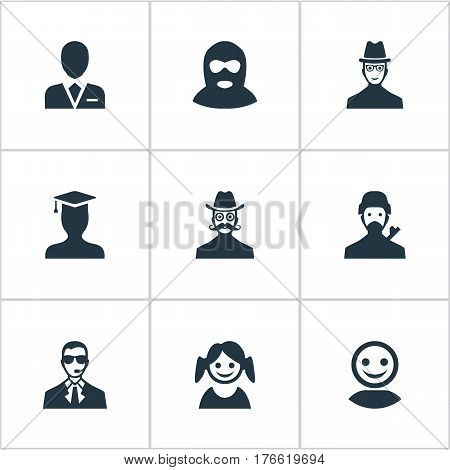 Vector Illustration Set Of Simple Avatar Icons. Elements Felon, Internet Profile, Workman And Other Synonyms User, Mysterious And Offender.