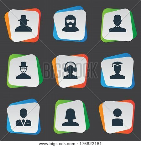 Vector Illustration Set Of Simple Member Icons. Elements Job Man, Agent, Woman User And Other Synonyms Business, Avatar And Hat.