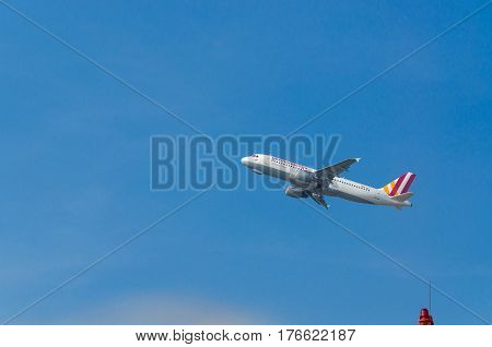DUESSELDORF NRW GERMANY - MARCH 18 2015: German Wings Airbus A320-200 during startup on the Duesseldorf airport.
