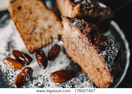 Top view of chocolate brownies cake with chocolate sauce