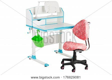 Pink chair blue school table green basket and desk lamp on the white isolated background.