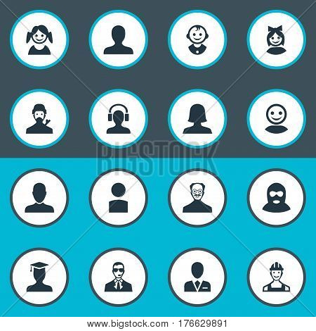 Vector Illustration Set Of Simple Avatar Icons. Elements Proletarian, Workman, Male With Headphone And Other Synonyms User, Graduate And Insider.