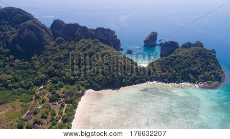 Aerial drone photo of Loh Lana Bay and Nui Bay beach, part of iconic tropical Phi Phi island, Thailand