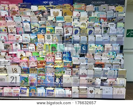 READING - MARCH 12, 2017: Display of greetings cards for all occasions for sale at Marks & Spencer (M&S) Simply Food in Lower Earley, Reading, Berkshire, UK.