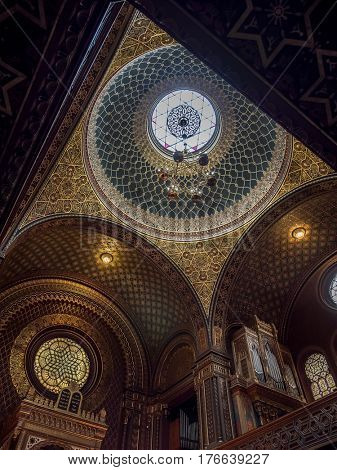 PRAGUE, CZECH REPUBLIC - MARCH 6 2017: Ornamental canopy inside Spanish Synagogue. named so for its impressive Moorish interior design. It is the most recent synagogue in the Prague Jewish Town