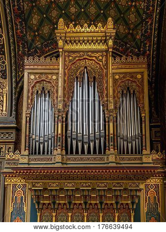 PRAGUE, CZECH REPUBLIC - MARCH 6 2017: Pipe Organs inside Spanish Synagogue.  The Spanish Synagogue was called for its impressive Moorish interior design.  Is serves as a museum and concert hall.