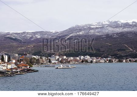 OHRID MACEDONIA - MARCH 04 2016: Panorama of the city and Lake Ohrid. Ohrid is the largest city on Lake Ohrid and both are part of UNESCO's Natural and Cultural Heritage