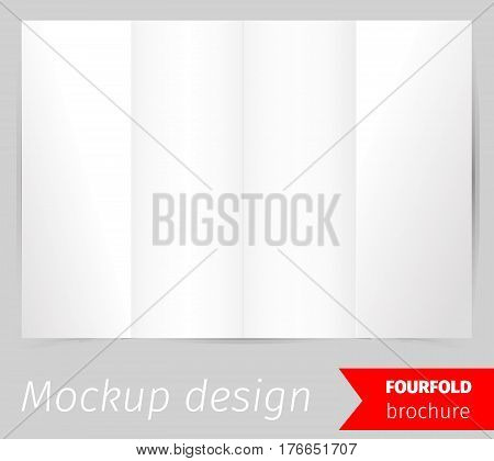 Fourfold brochure mockup design, blank white paper, realistic rendering, isolated on grey background, copyspace for text, sheet template for menu, booklet or presentation data, vector illustration