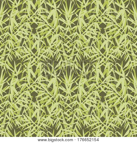 Bamboo seamless pattern on green background in japanese style, light fresh leaves, zen-like realistic design, vector illustration
