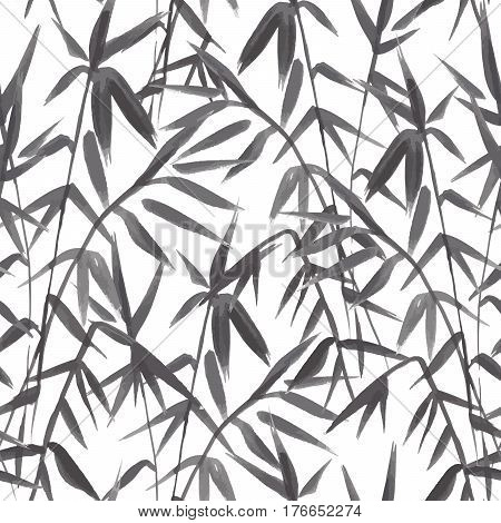 Bamboo seamless pattern on green background in japanese style, light fresh leaves, black and white realistic design, vector illustration