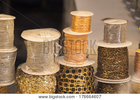 Set or rolls of colotful string on a background