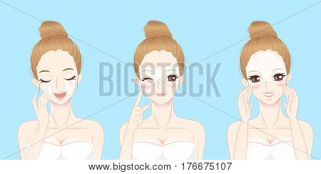 cartoon beauty woman use eye mask with blue background