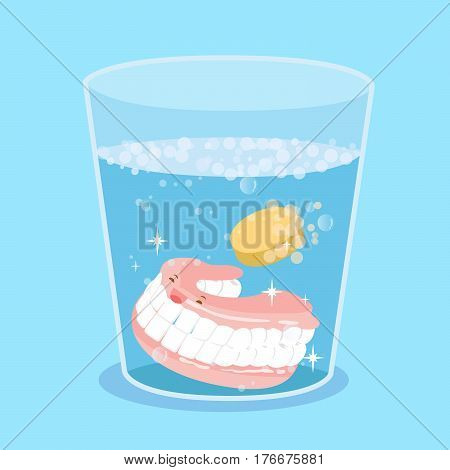 cute cartoon denture with tooth cleaning tablet