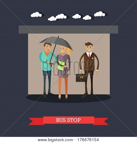 Bus stop concept vector illustration in flat style. People hiding from rainy weather at bus stop, waiting for bus.