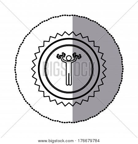 sticker of monochrome circular frame with contour sawtooth of man with dumbbell vector illustration