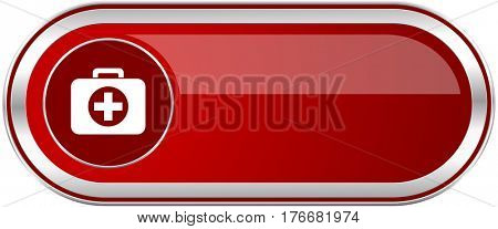 First aid red long glossy silver metallic banner. Modern design web icon for smartphone applications