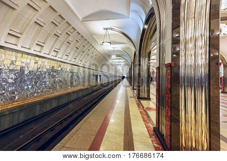 MOSCOW/ RUSSIA - MARCH 11, 2017. Metro station Mayakovskaya. Moscow, Russia