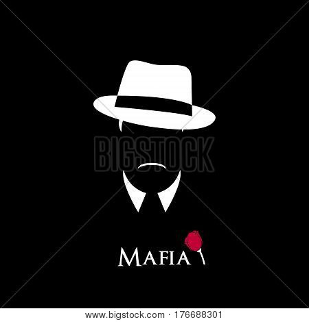 Italian Mafioso. Illustration Man with a hat mustache and collar. Black and white vector illustration.