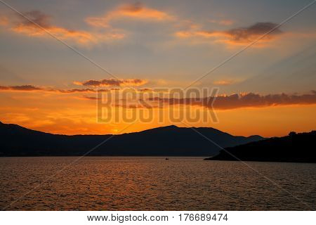 Sunrise Over Peljesac Peninsula And Peljeski Strait, Korcula, Croatia.