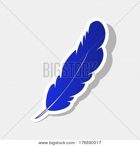 Feather sign illustration. Vector. New year bluish icon with outside stroke and gray shadow on light gray background.