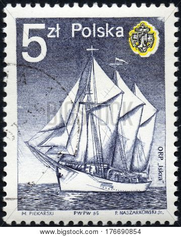 UKRAINE - CIRCA 2017: A stamp printed in Poland shows Spark sailboat circa 1985