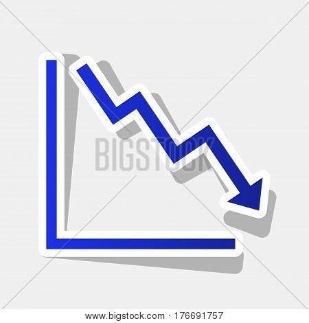 Arrow pointing downwards showing crisis. Vector. New year bluish icon with outside stroke and gray shadow on light gray background.